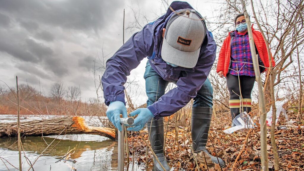 Core soil samples being taken at Riverlands Migratory Bird Sanctuary