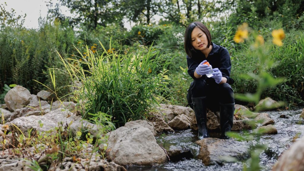 researcher sitting on a rock by a flowing creek surrounded by tall flowers and grasses wearing gloves and holding a container with liquid in it