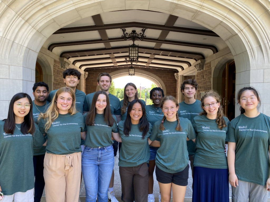 2024 Summer Undergraduate researchers posing together under iconic WashU archway.