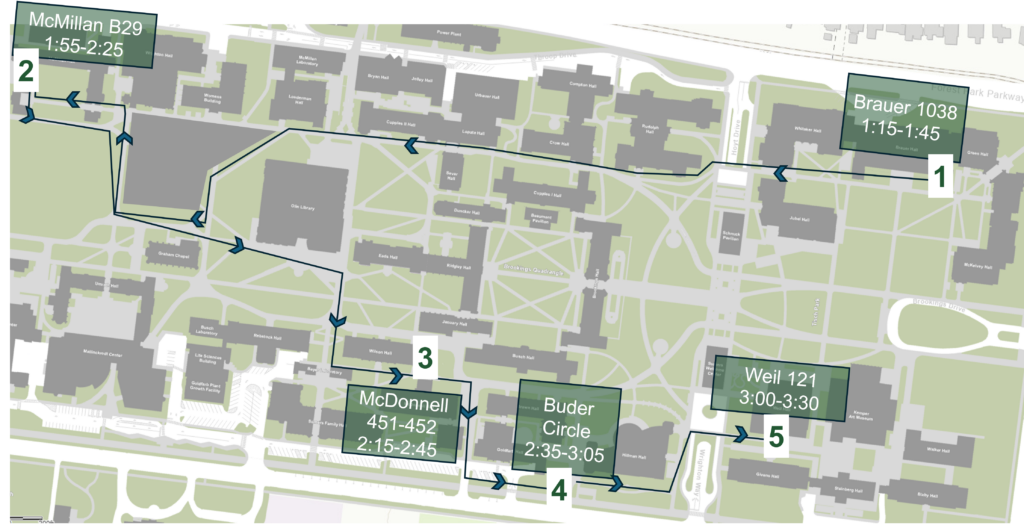 map of Danforth campus showing stops and timing
